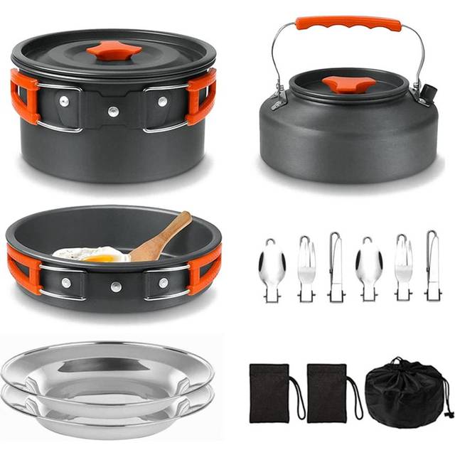 Camping Köksredskap Set Non-Stick Lätt Pot Pan Vattenkokare Set med rostfria stålplattor och svart