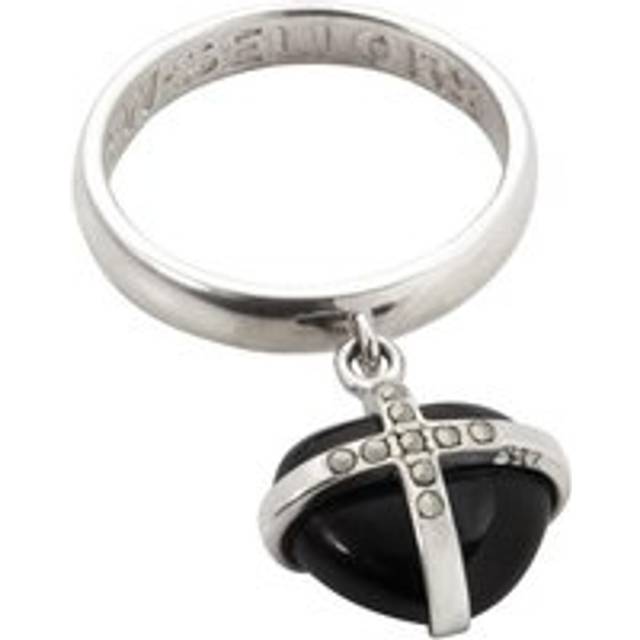 Silver Whitby Jet Nine Marcasite Small Cross Heart Dropper Ring - Silver