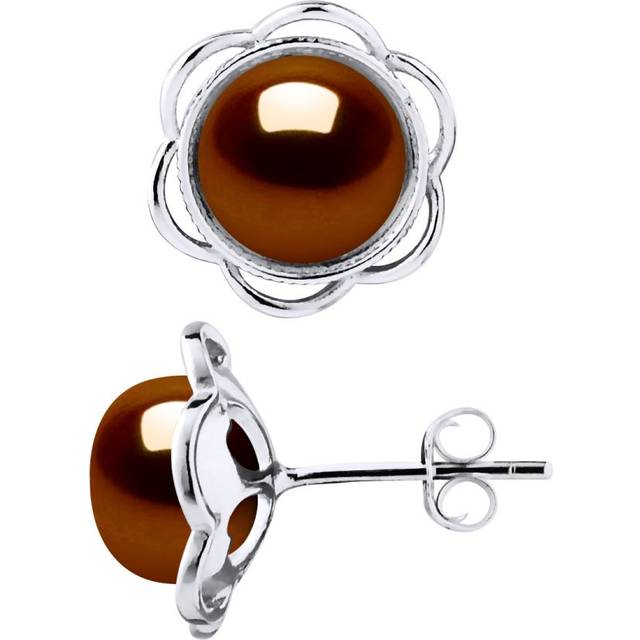 Diadema Womens Stud Earrings FLOWER Beads Freshwater 8-9mm Chocolate Buttons 925 - Brown Silver - One Size