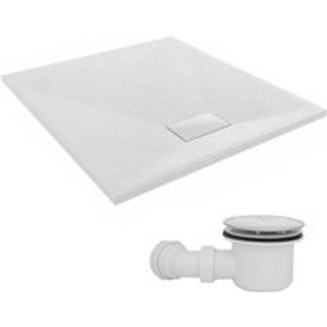 NRG 1000 x 900mm SMC White Rectangle Slate Effect Bathroom Shower Tray & Fluidmaster Fast Flow Waste Trap