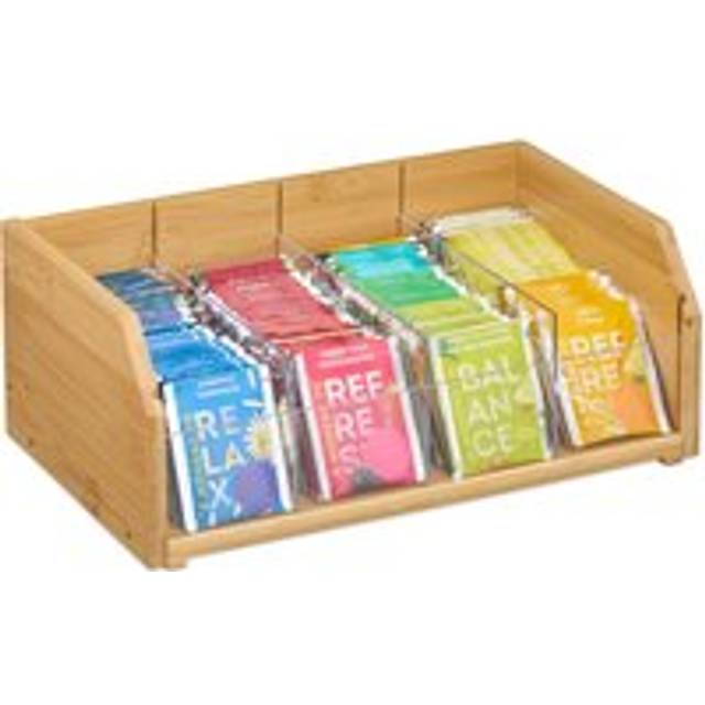 Relaxdays - Bamboo Tea Organiser, 4 Compartments, hwd: 12 x 31 x 19 cm, Storage Box for Teabags & Coffee Pods, Natural