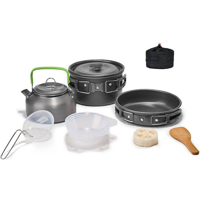 Camping Hiking Cookware Set Outdoor Portable Picnic Cookware Kit Alumina Pot Frying Pan Set Travel black