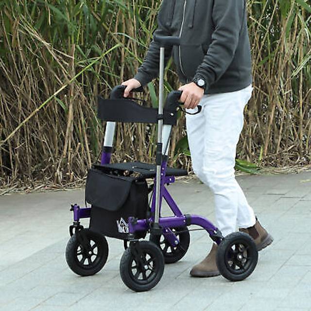 HOMCOM Folding Rollator Walker with Seat, Backrest, Dual Brakes, All-terrain Wheels, Adjustable Handle Height, 4 Wheeled Walker, Purple