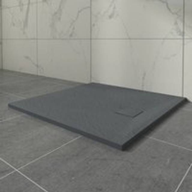 Aquariss - Anthracite Square Shower Tray with Waste Trap Slate Effect Slip-Resistant Cubicle Base 900x900mm