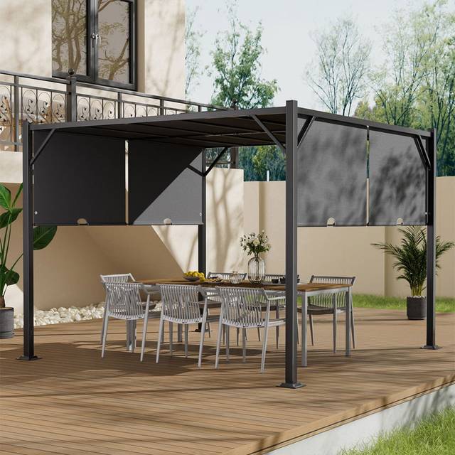 Living and Home 2.95 x 2.95m Black Steel Pergola with Retractable Canopy - Grey