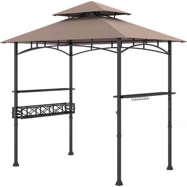Outdoor Grill Gazebo Double Tiered BBQ Canopy Tent with 2 Side Shelves-Brown