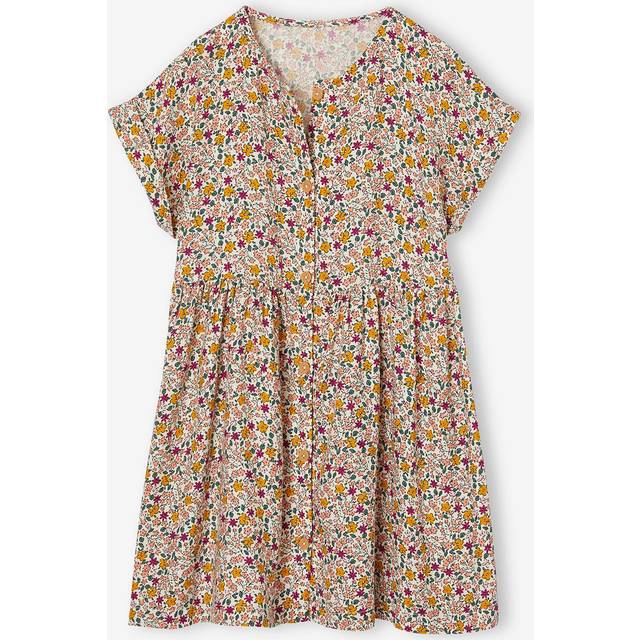 Button-up floral dress for girls ecru