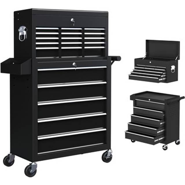 Homcom Rolling Tool Chest Lockable Roller Cabinet With With 14 Drawers Black