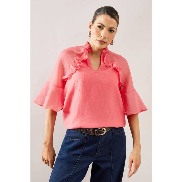 Womens Organza Ruffle ¾ Sleeve Blouse - Pink - 8