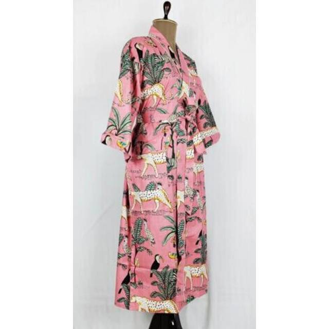 Pink animal printed bathrobe cotton robe sleepwear long kimono beach cover up