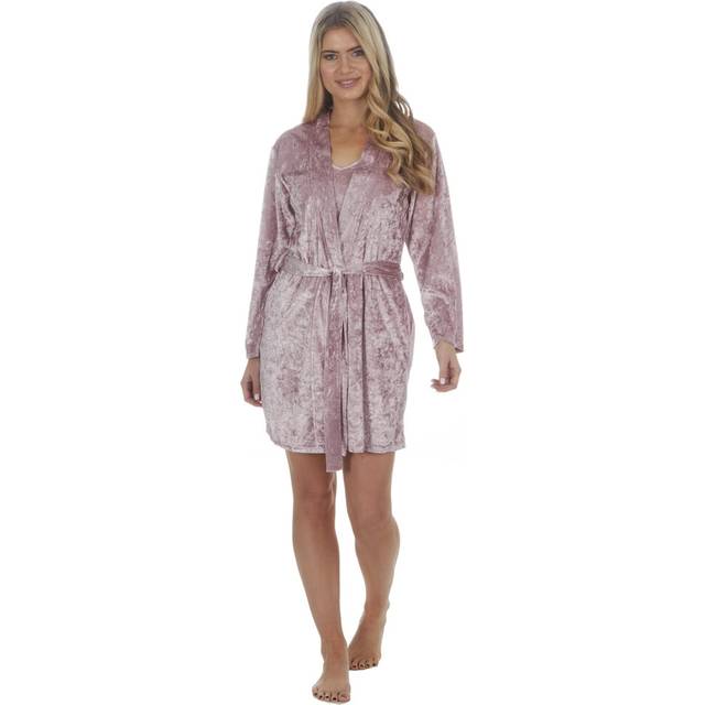 (Pink, S) Womens Ladies Crushed Velvet Kimono Robe Nightwear Dressing Gown Mid Thigh Coralless Gown S-Xl
