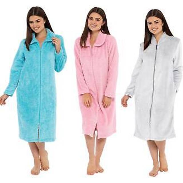 Women's fleece zip through robe dressing gown housecoat bathrobe plush robes