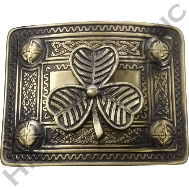 Hm Men’s Kilt Belt Buckle Irish Shamrock Celtic Knot Work Brass Antique Finish