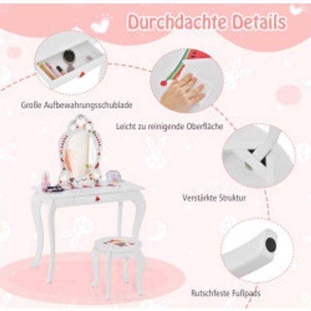 Princess Sminkbord Set 2-i-1 Sminkbord för barn med avtagbar spegel Vit