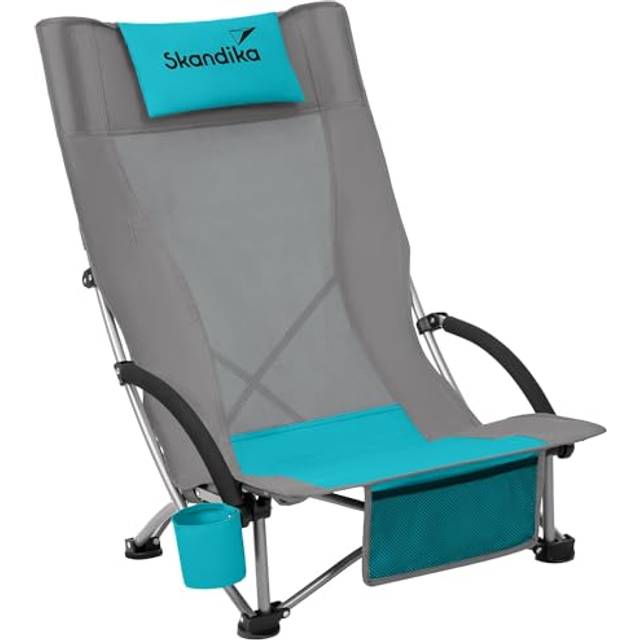 Skandika Strandstol med ventilerande nät, mugghållare, låg, lätt att transportera, max. 136 kg | vikbar campingstol, solstol (grå/blå)
