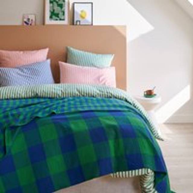Checked Cotton Gauze Bedspread, Calix - blue-green - 140X200CM