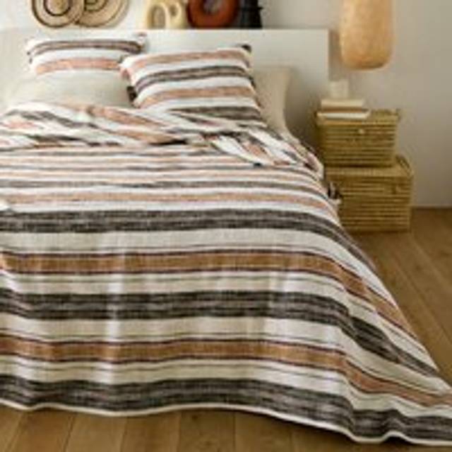 Imazai Striped Cotton Basket Weave Bedspread - Ecru/Multicolour - 230X250CM