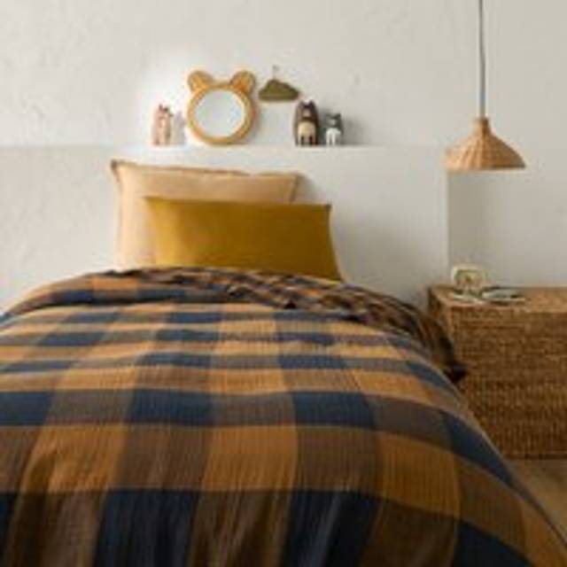 Calix Checked 100% Cotton Muslin Bedspread - Midnight Blue/Chocolate - 140X200CM