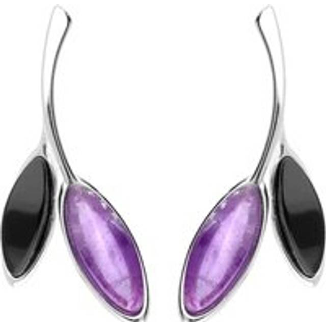 Sterling Silver Whitby Jet Amethyst Two Leaf Drop Stud Earrings