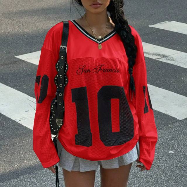 Muchica Women&#39;s New V-Neck Casual Sports Letter & Graphic Patch Oversized Long Sleeve T-Shirt, White