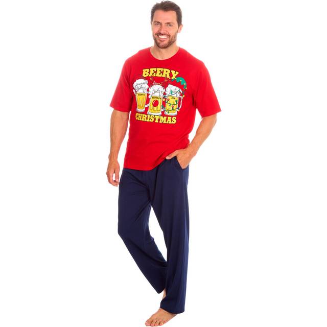 (Red, Small) Metzuyan Mens Christmas Pyjama Set T-Shirt And Long Bottoms Pyjamas With Funny Print 100% Cotton Jersey Xmas Themed Nightwear M-Xl