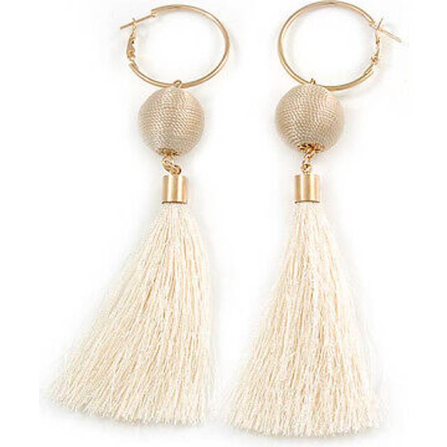 Long off white cotton ball and tassel hoop earrings in gold tone metal - 12.5cm