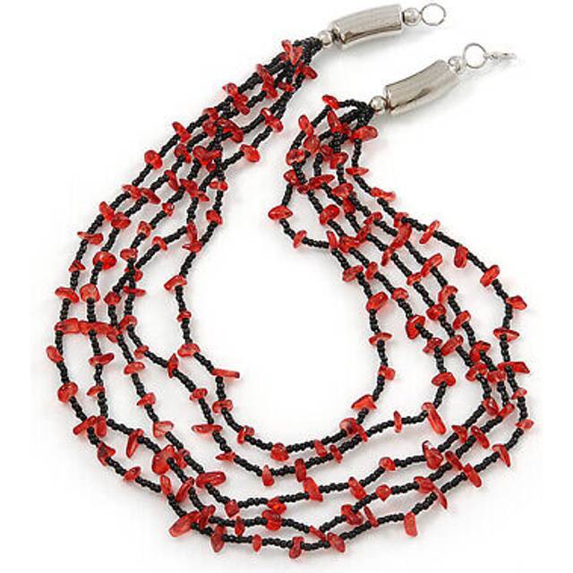 Red/ black multistrand, layered glass bead necklace in silver plating - 60cm l