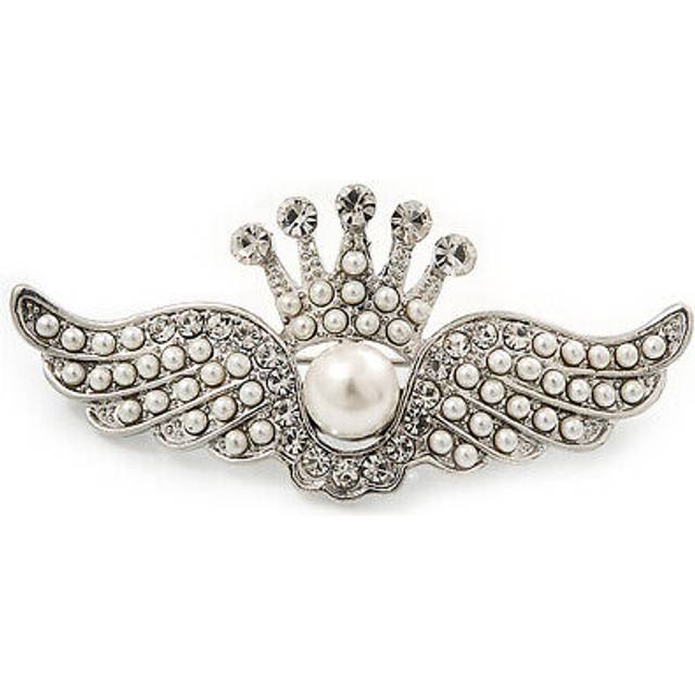 'crown & wings' simulated pearl/ crystal brooch in rhodium plating - 6cm length