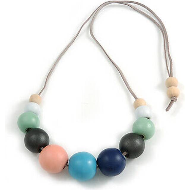 Multicoloured graduated wood bead grey suede cord necklace - 80cm l - adjustable