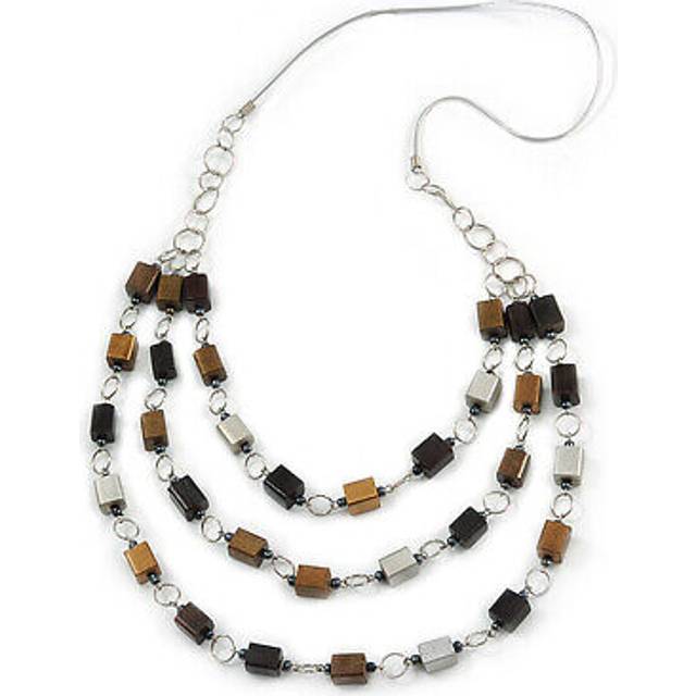 Multi-layered wood bead rubber cord necklace (bronze/ black/ silver) - 86cm l