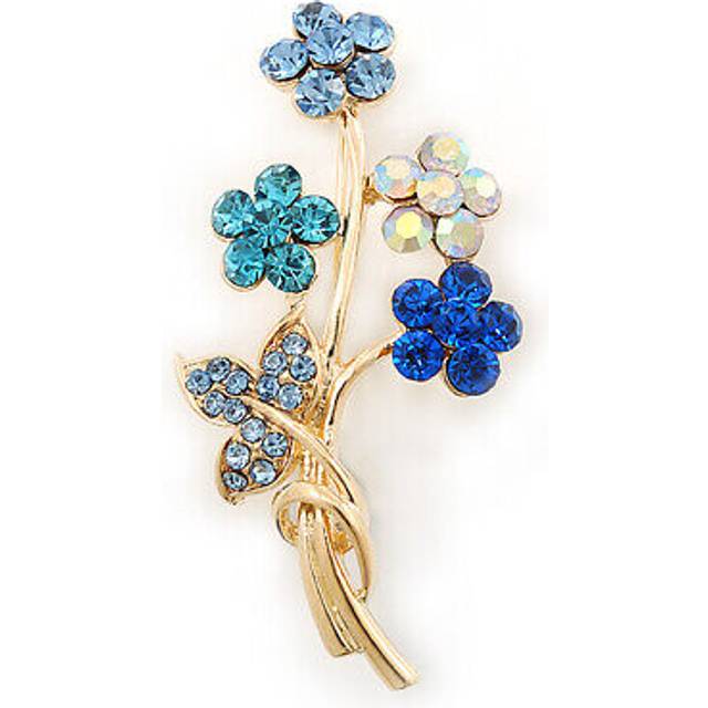 Sky blue/ azure/ ab crystal 'bunch of flowers' brooch in gold plating - 50mm