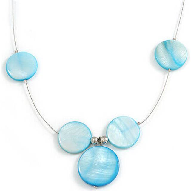 Delicate floating light blue shell bead wire necklace in silver tone - 44cm l