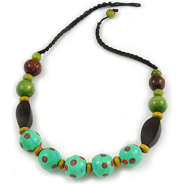 Chunky wood bead cotton cord necklace (mint green, brown, olive) - 60cm l