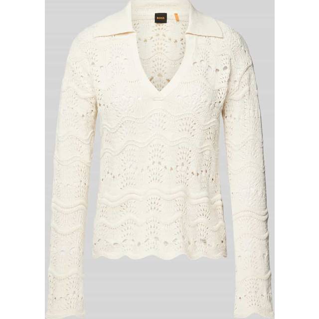 Johnny-collar sweater with cotton-blend open-knit structure - White