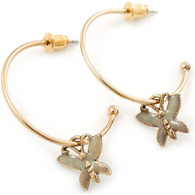 Medium thin gold tone hoop with off white enamel butterfly drop earrings - 30mm