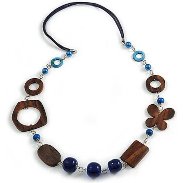 Long wood, glass, ceramic bead blue suede cord necklace in blue/ brown - 90cm