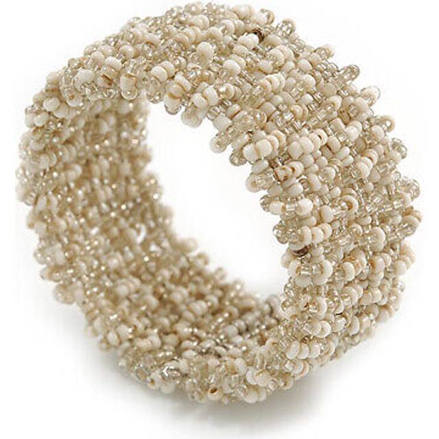 Trendy white/ transparent gold glass bead flex cuff bracelet - adjustable