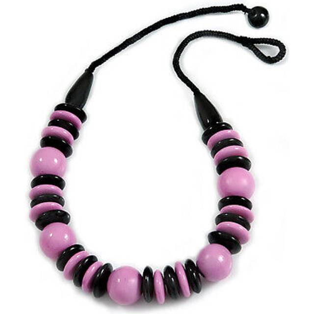 Chunky lilac/ black round and button wood bead cotton cord necklace - 66cm long