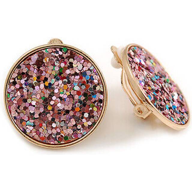 Pink sequin round clip on earrings in gold tone - 25mm diameter