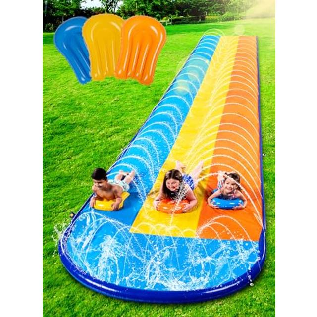Sloosh 18ft/548cm Triple Lanes Slip Slide and 3 bodyboards, Backyard Lawn Water Slides with Sprinkler for Kids Adults Outdoor Water Toy fun in summer