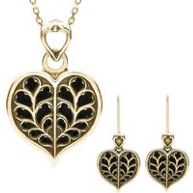 9ct Yellow Gold Whitby Jet York Minster Small Heart Two Piece Set