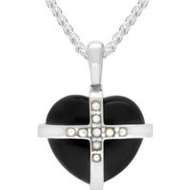 Sterling Silver Whitby Jet Pearl Small Cross Heart Necklace - Gold