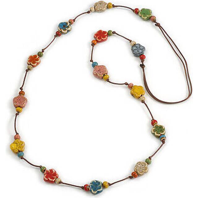 Multicoloured ceramic flower and round shape bead brown silk cord necklace/90cm