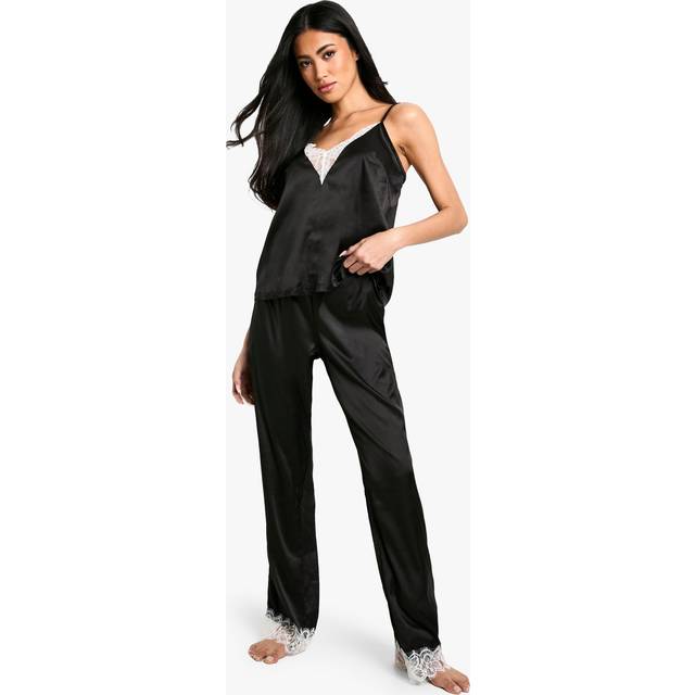 Womens Contrast Lace Trim Cami Top & Trouser Pyjama Set - Black - 8, Black