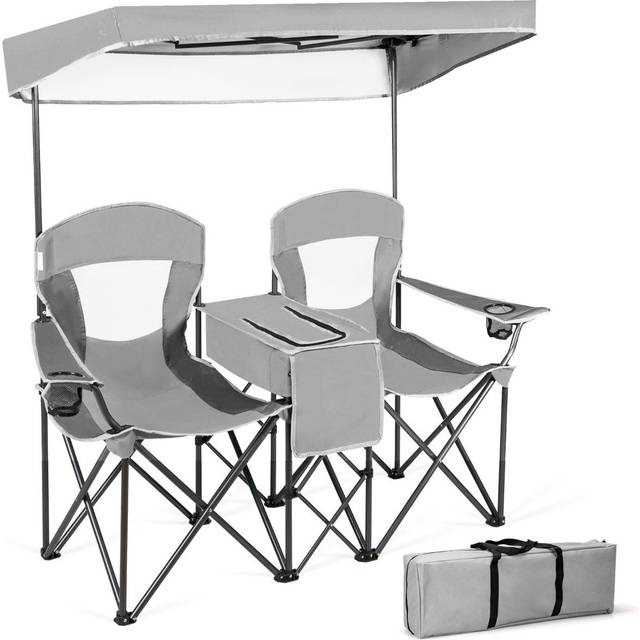 Double Folding Camping Chair with Canopy and Armrests-Grey