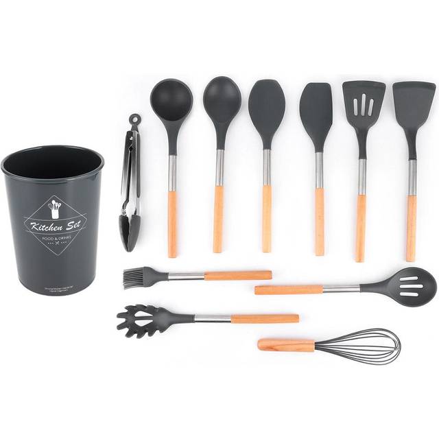 12Pcs Silicone Nonstick Spatula Shovel Set with Wood Handle Kitchenware Cooking Utensils Black