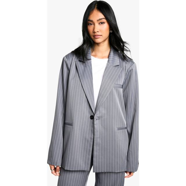 Womens Tailored Pinstripe Oversized Blazer - Blue - 16
