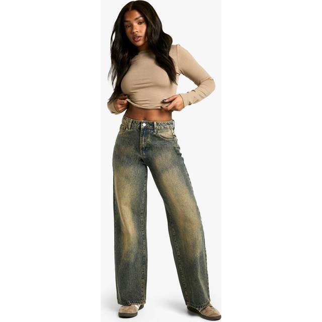 Womens Basics Vintage Wash High Waisted Super Wide Leg Jeans - Dark Sand - 16/30L
