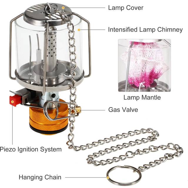Outdoor Portable Camping Gas Lantern Piezo Ignition Mini Gas Tent Lamp Light with 3 Mantles and Gas Lantern & 3 Mantles & Adapter for Mapp