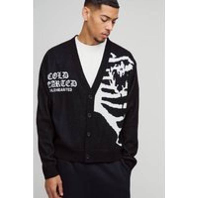Oversized Boxy Drop Shoulder Spliced Skeleton Printed Knitted Cardigan - Black - M